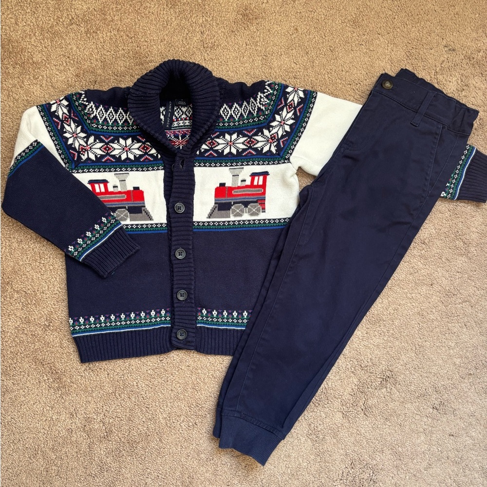 Janie and Jack Navy, Red and White Train Fair Isle Cardigan